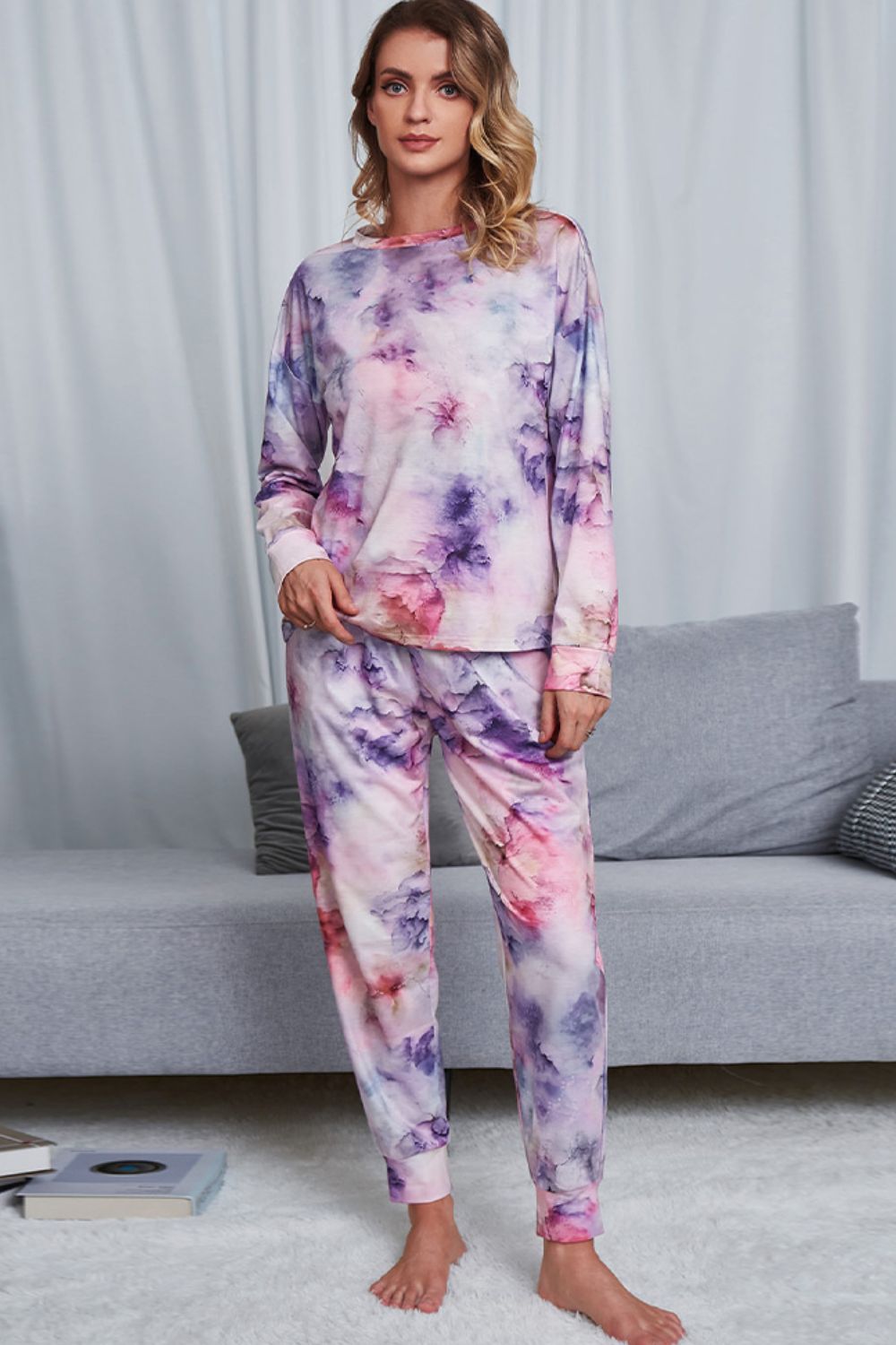 Shiny Tie-Dye Crewneck Top and Drawstring Waist Joggers Lounge Set - The Boutie Shop