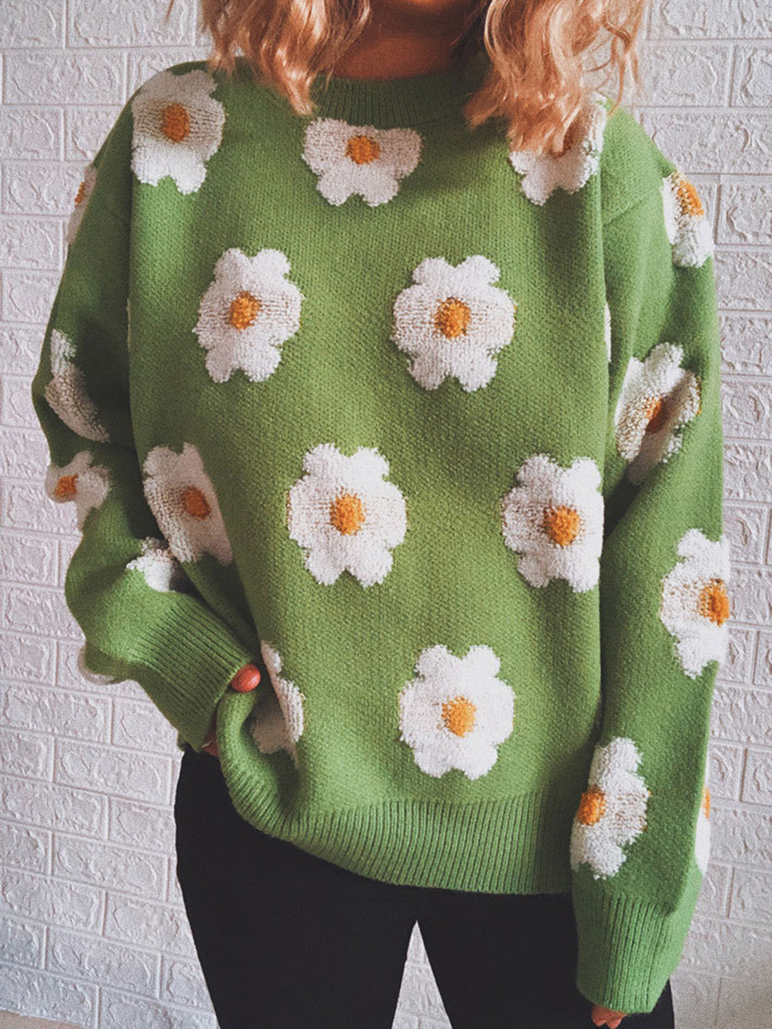 Flower Round Neck Long Sleeve Sweater - The Boutie Shop