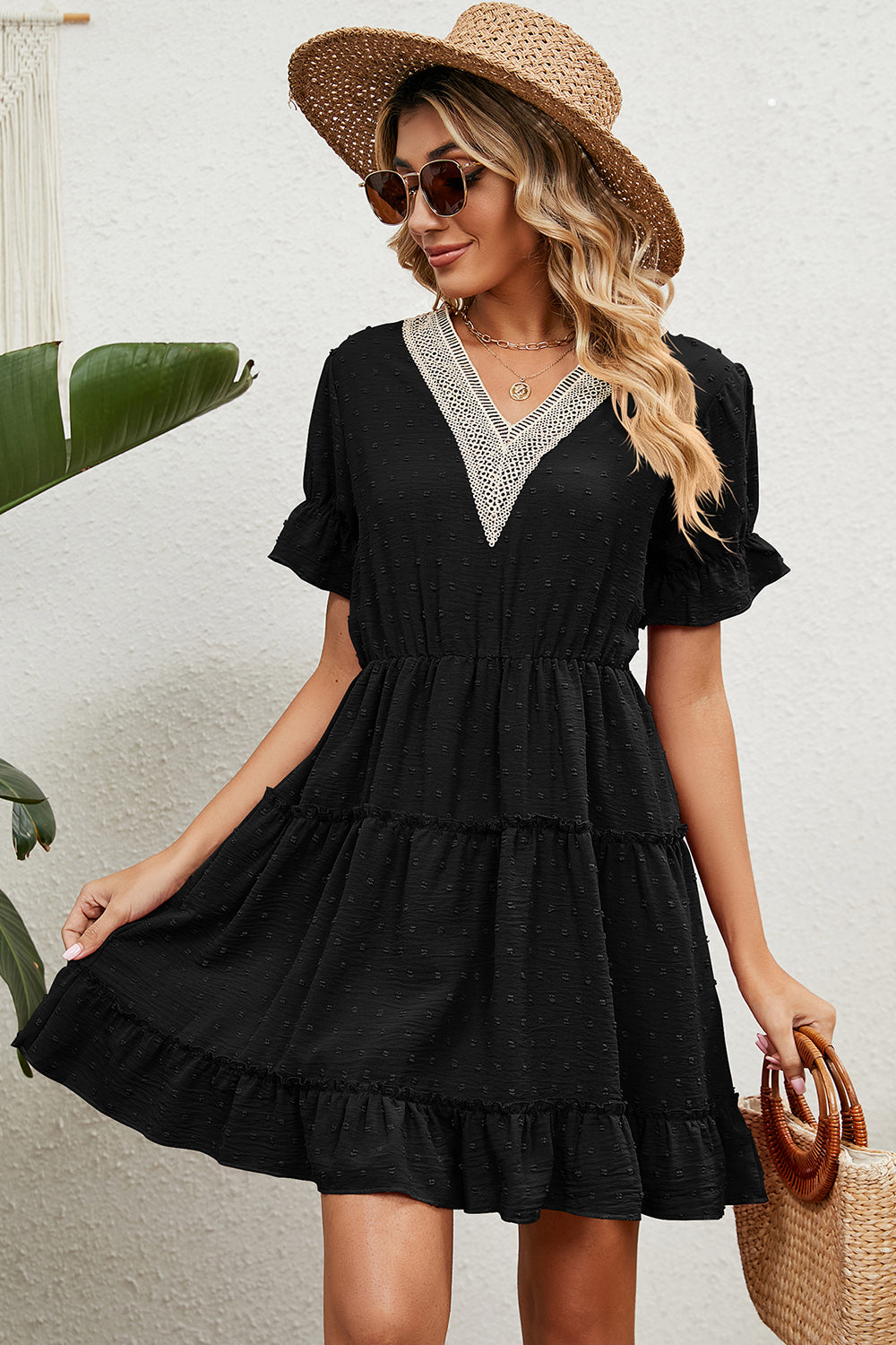 Swiss Dot V-Neck Flounce Sleeve Mini Dress - The Boutie Shop