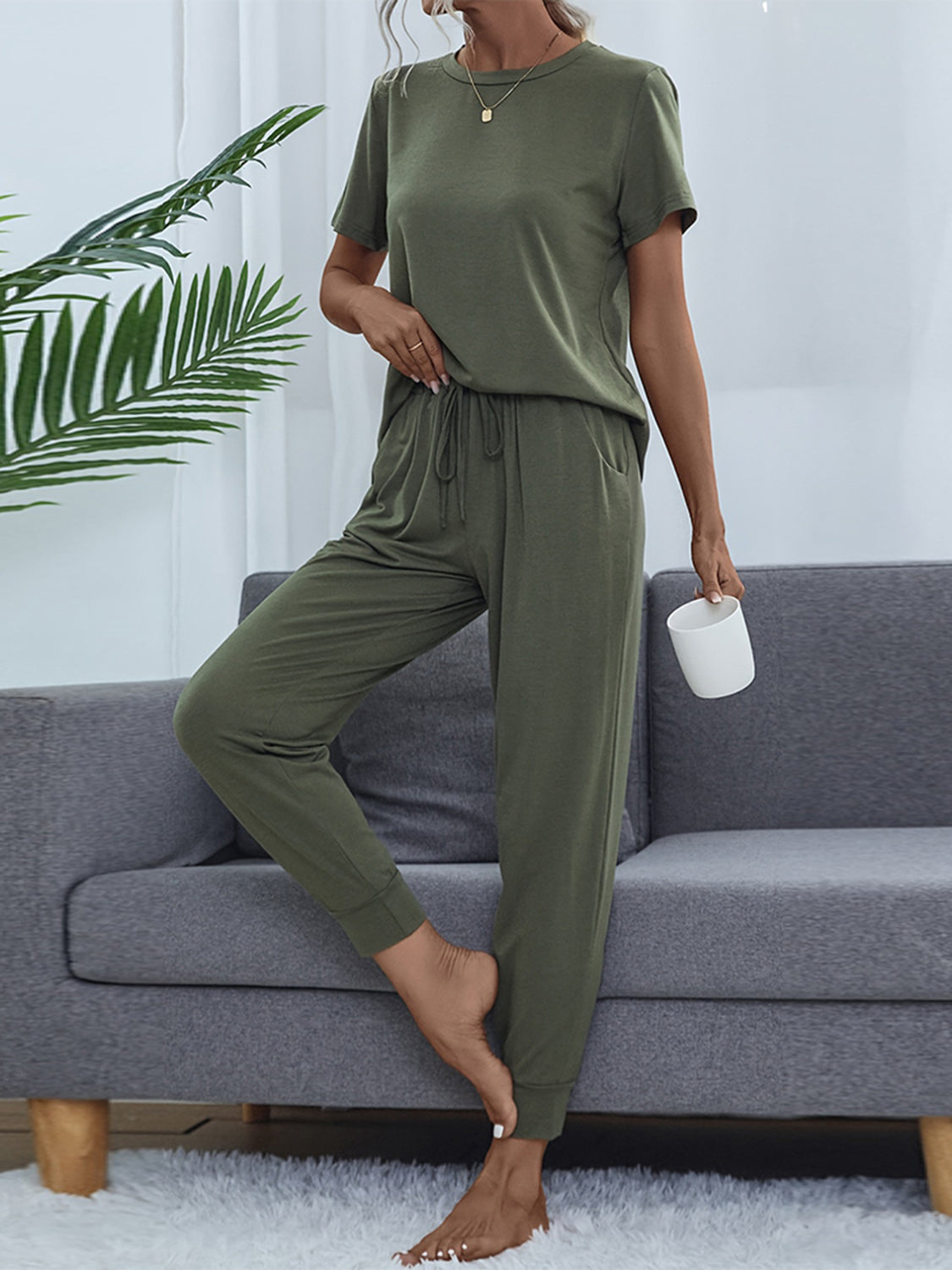 Shiny Round Neck Short Sleeve Top and Pants Set - The Boutie Shop