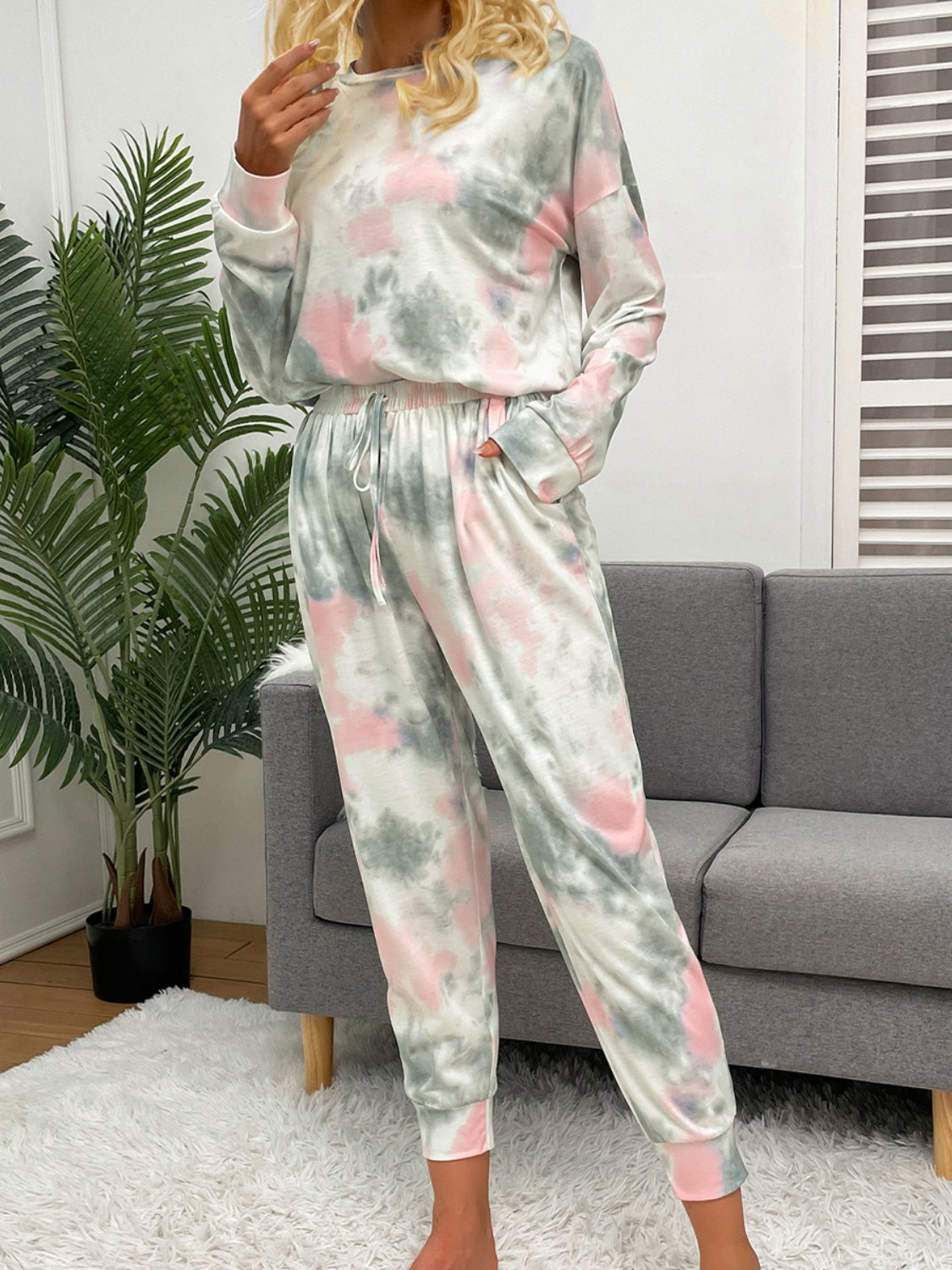 Shiny Tie-Dye Round Neck Top and Drawstring Pants Lounge Set - The Boutie Shop