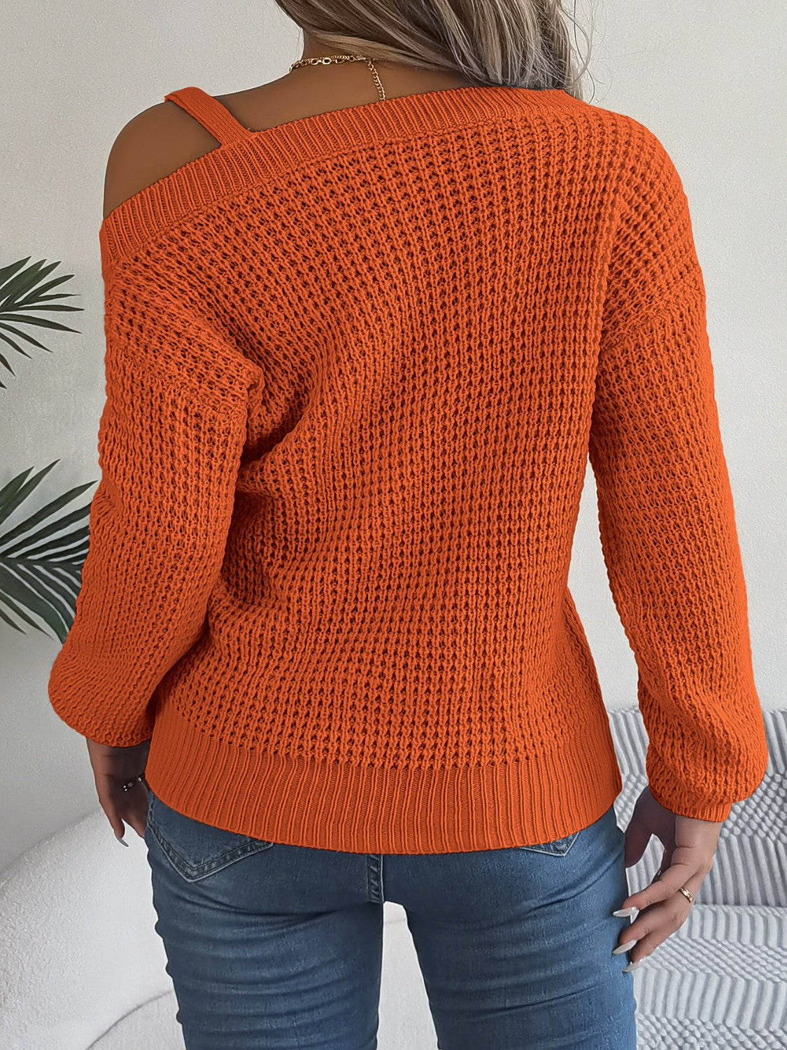 Asymmetrical Neck Long Sleeve Sweater - The Boutie Shop