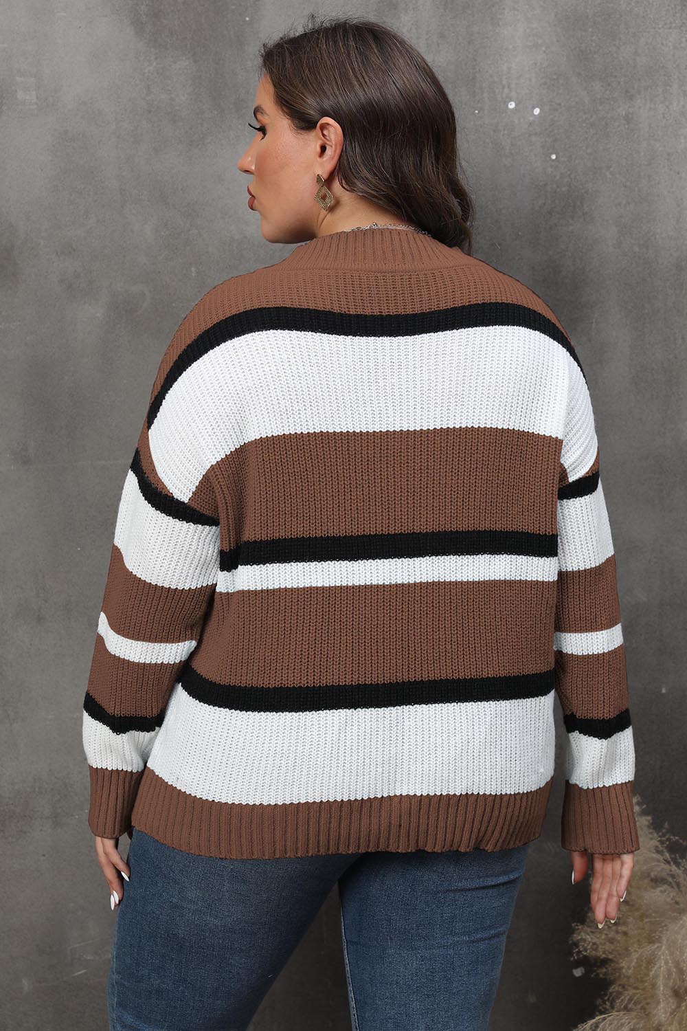 Plus Size Striped V-Neck Dropped Shoulder Sweater - The Boutie Shop