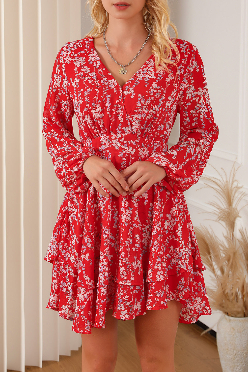 Printed Surplice Balloon Sleeve Layered Dress - The Boutie Shop