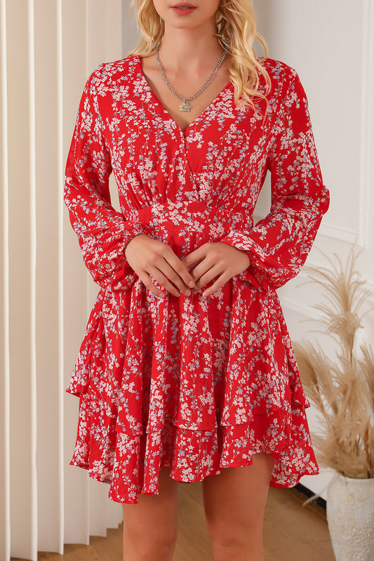 Printed Surplice Balloon Sleeve Layered Dress - The Boutie Shop