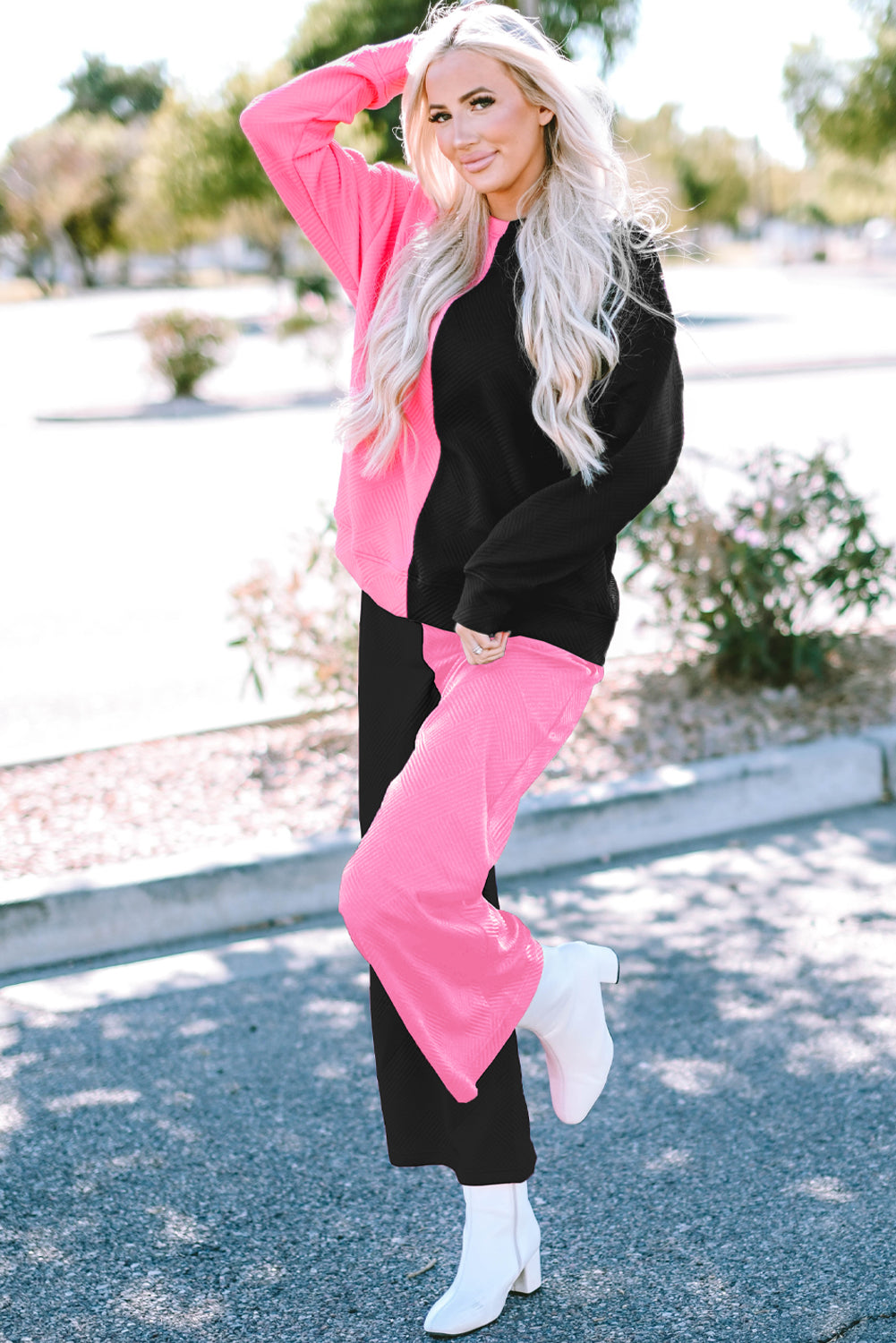 Color Block Round Neck Sweatshirt and Pants Set - The Boutie Shop