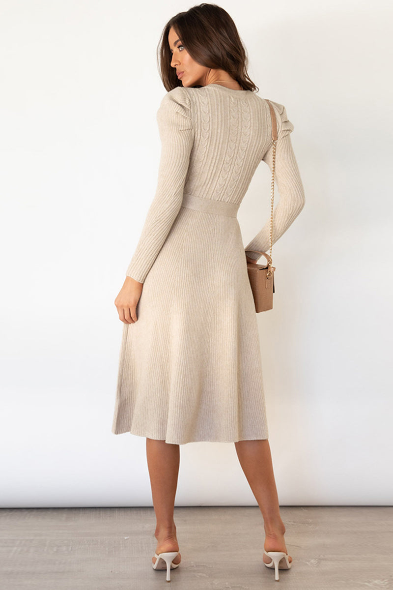 Round Neck Long Sleeve Tie Waist Sweater Dress - The Boutie Shop