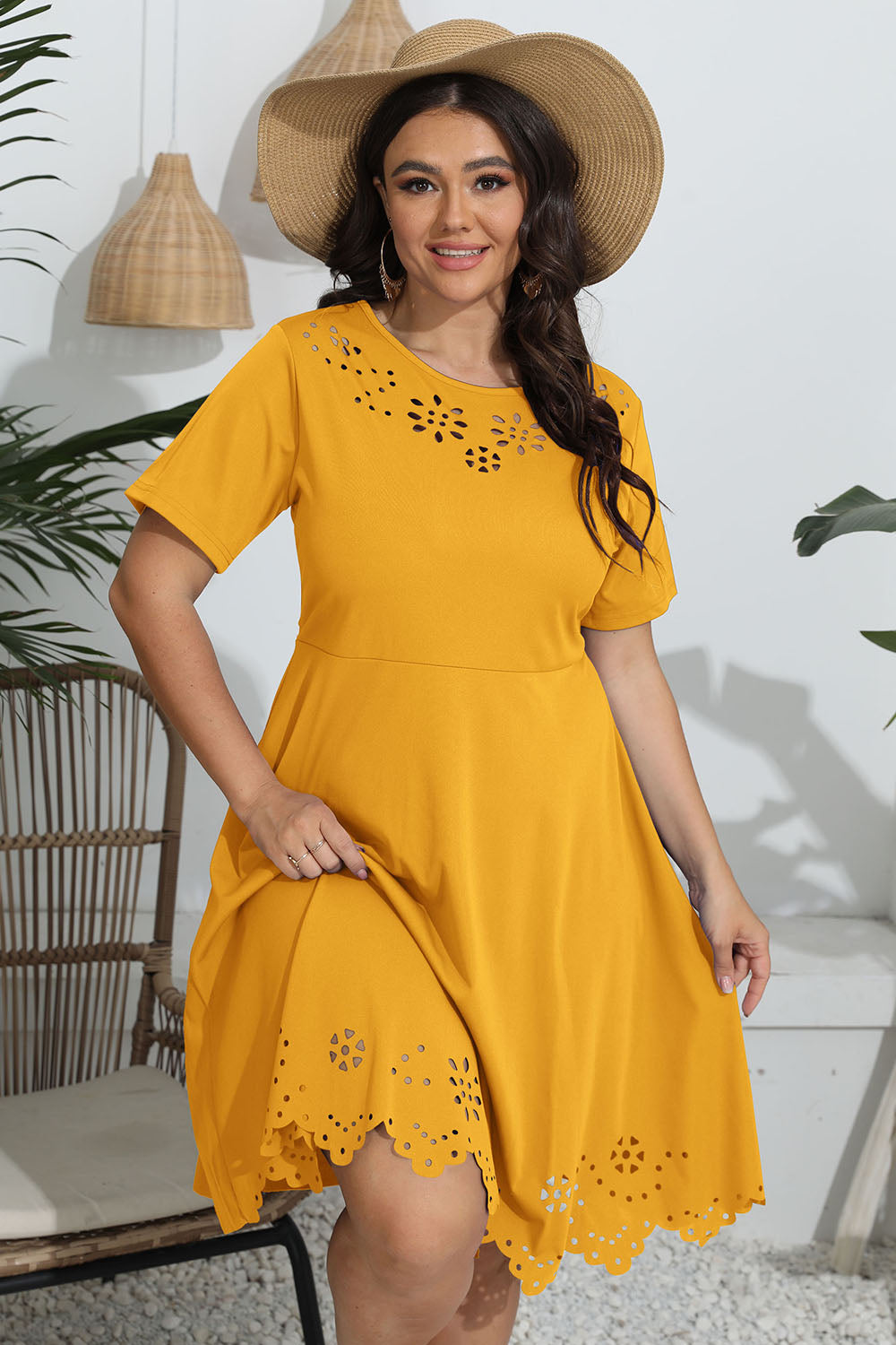 Plus Size Round Neck Openwork Dress - The Boutie Shop