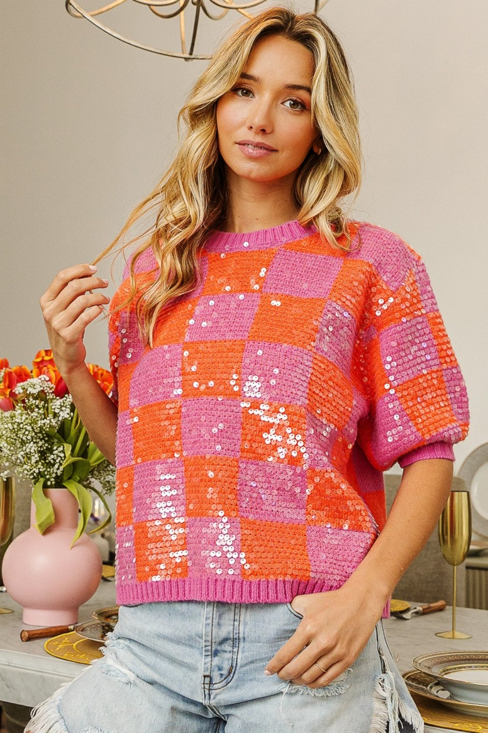 BiBi Checkered Short Sleeve Sequin Sweater - The Boutie Shop