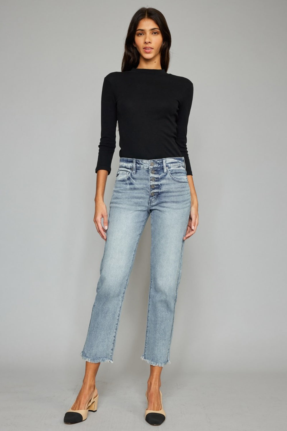 Kancan High Waist Button Fly Raw Hem Cropped Straight Jeans - The Boutie Shop