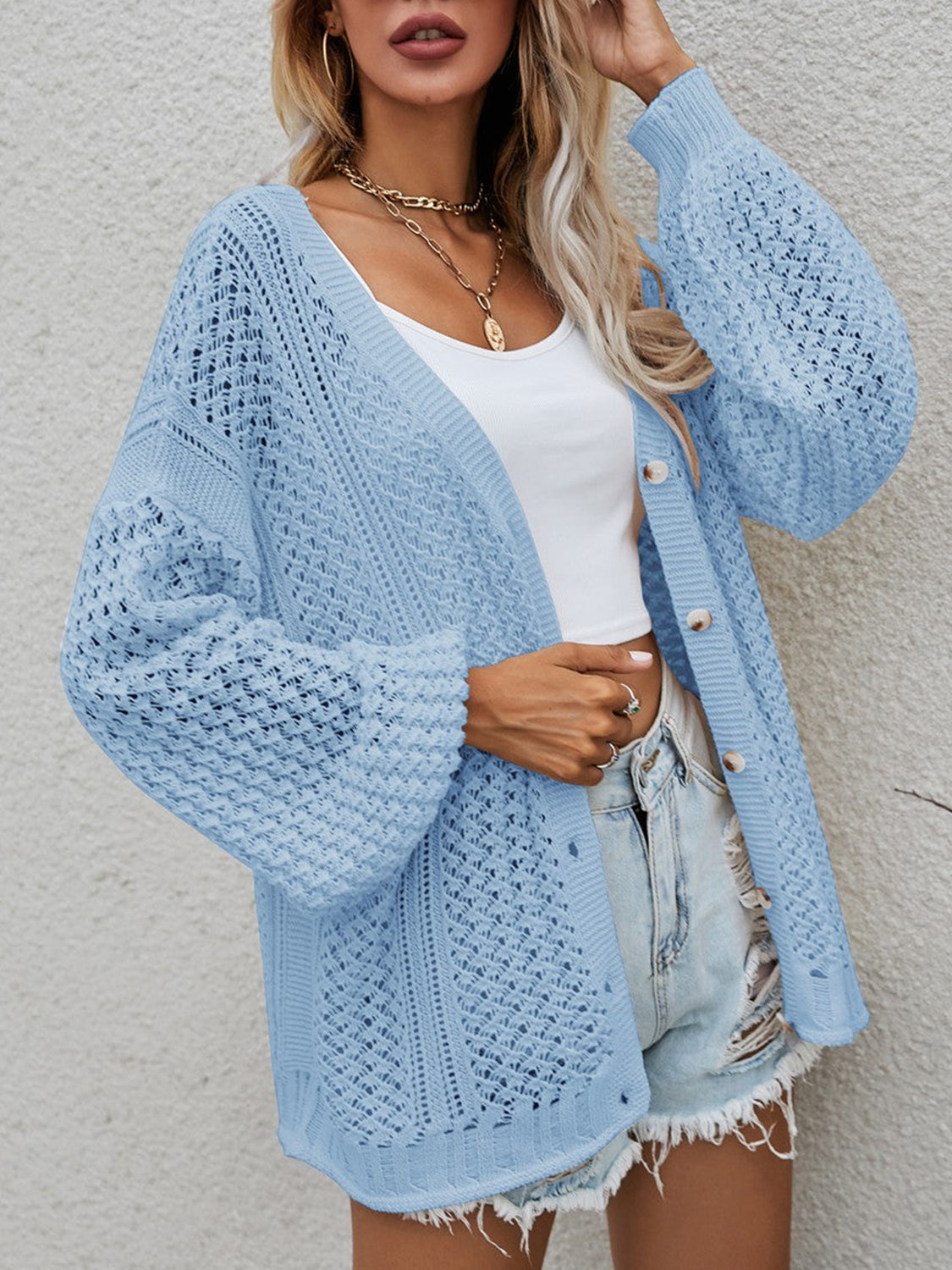 Openwork Button Front Cardigan - The Boutie Shop