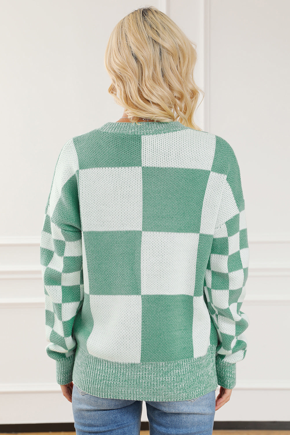 Checkered Drop Shoulder Long Sleeve Sweater - The Boutie Shop