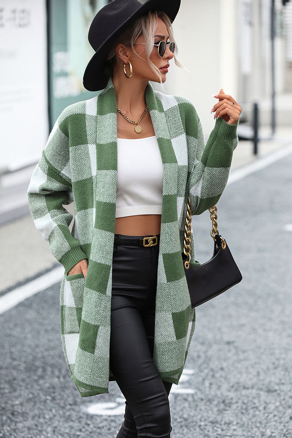 Plaid Dropped Shoulder Cardigan with Pocket - The Boutie Shop