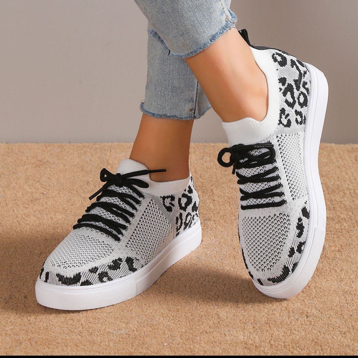 Lace-Up Leopard Flat Sneakers - The Boutie Shop