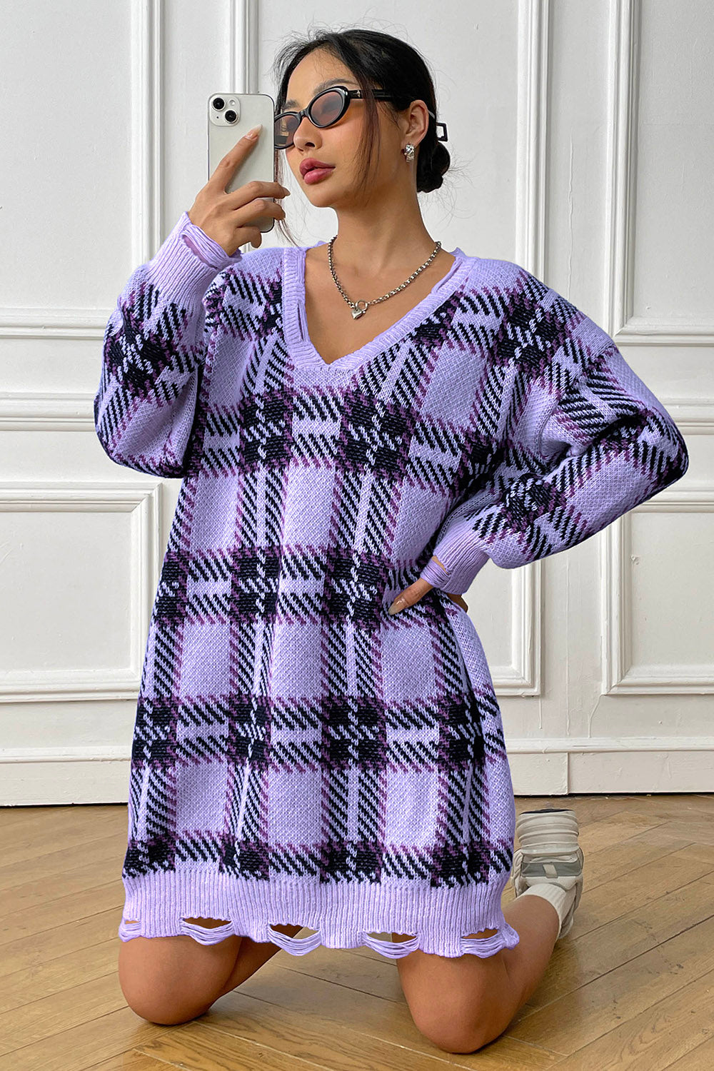 Plaid V-Neck Long Sleeve Sweater Dress - The Boutie Shop