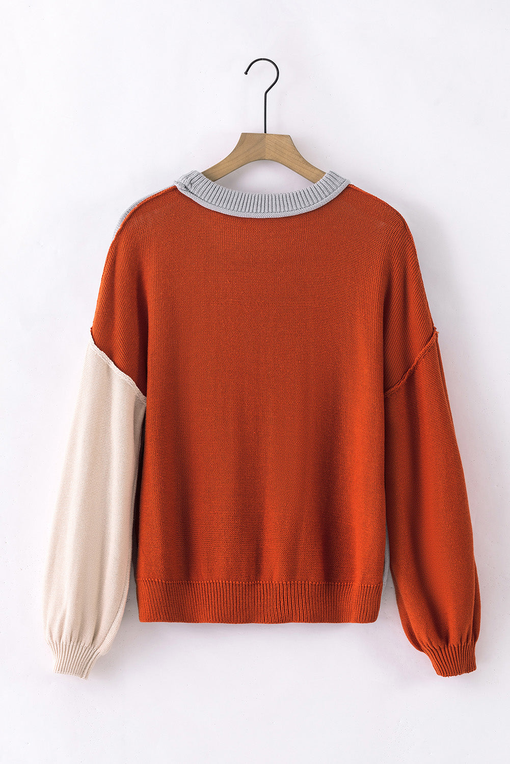 Contrast Round Neck Dropped Shoulder Sweater - The Boutie Shop