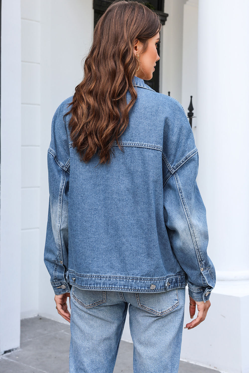 Button Up Dropped Shoulder Denim Jacket with Pockets - The Boutie Shop