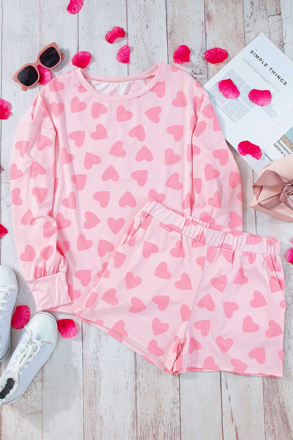 Heart Print Round Neck Top and Shorts Lounge Set - The Boutie Shop