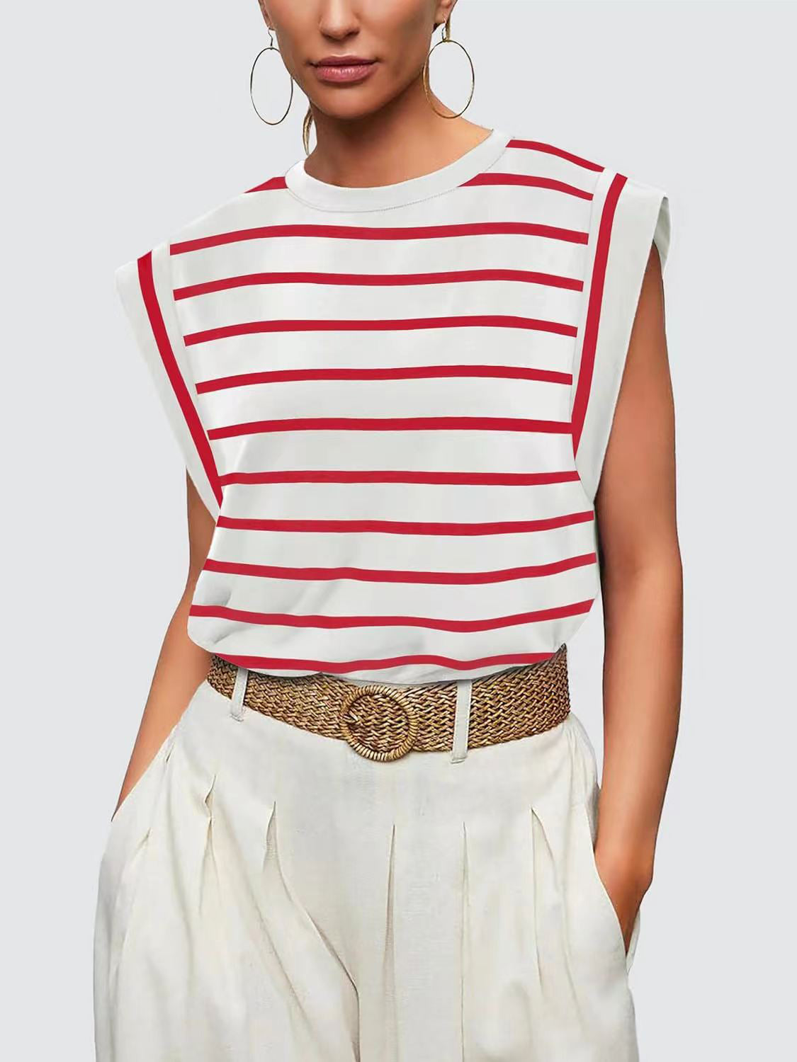 Striped Round Neck Cap Sleeve T-Shirt - The Boutie Shop