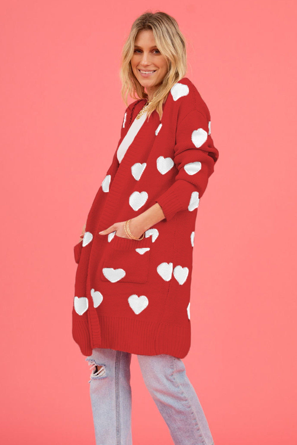 Heart Graphic Open Front Cardigan with Pockets - The Boutie Shop