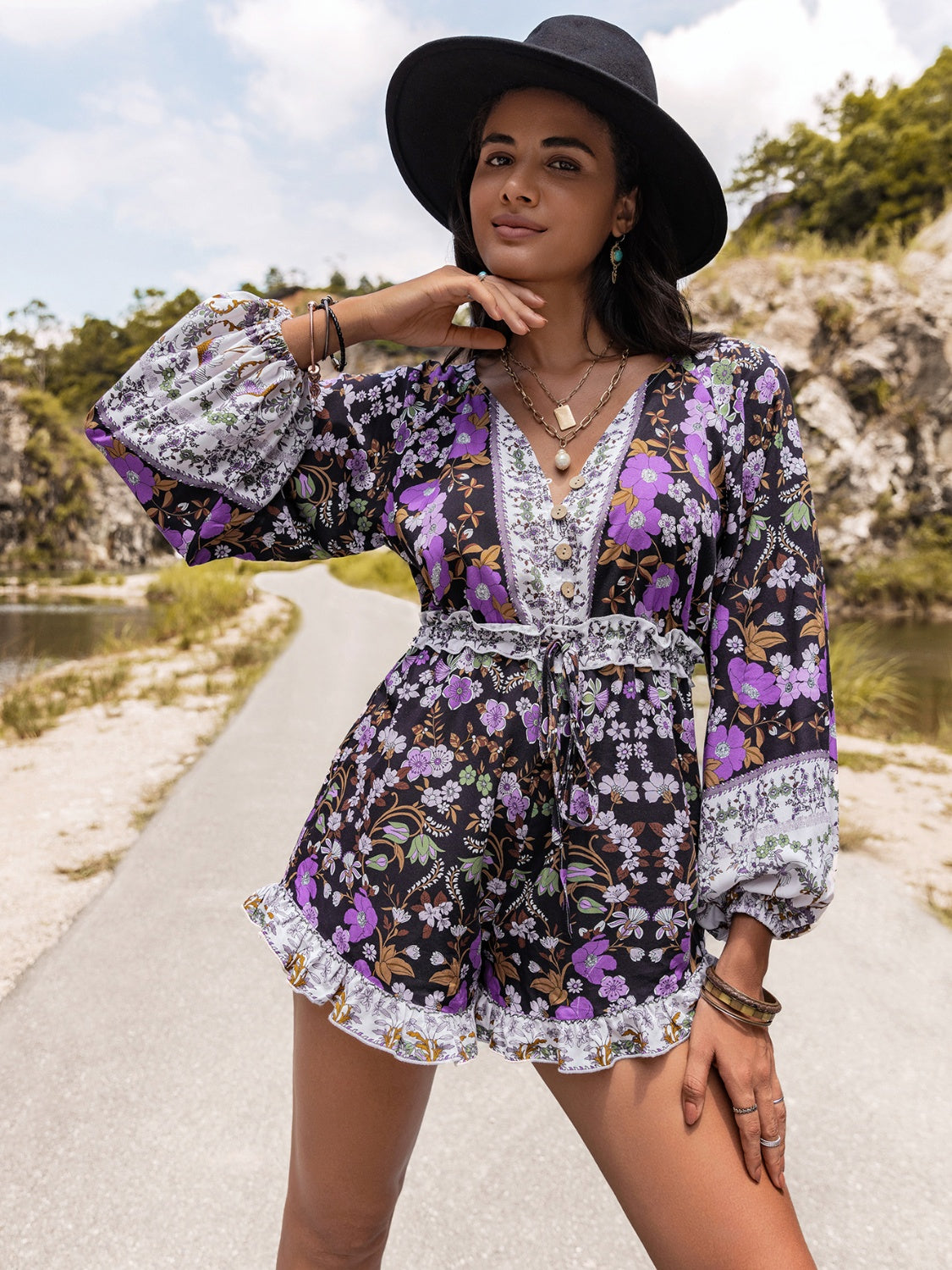 Printed Frill Half Button Balloon Sleeve Romper - The Boutie Shop