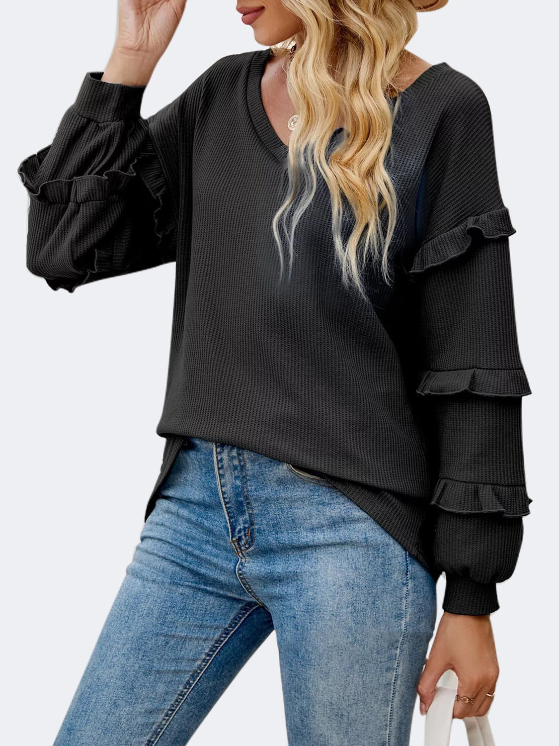 Ruffled V-Neck Long Sleeve T-Shirt - The Boutie Shop