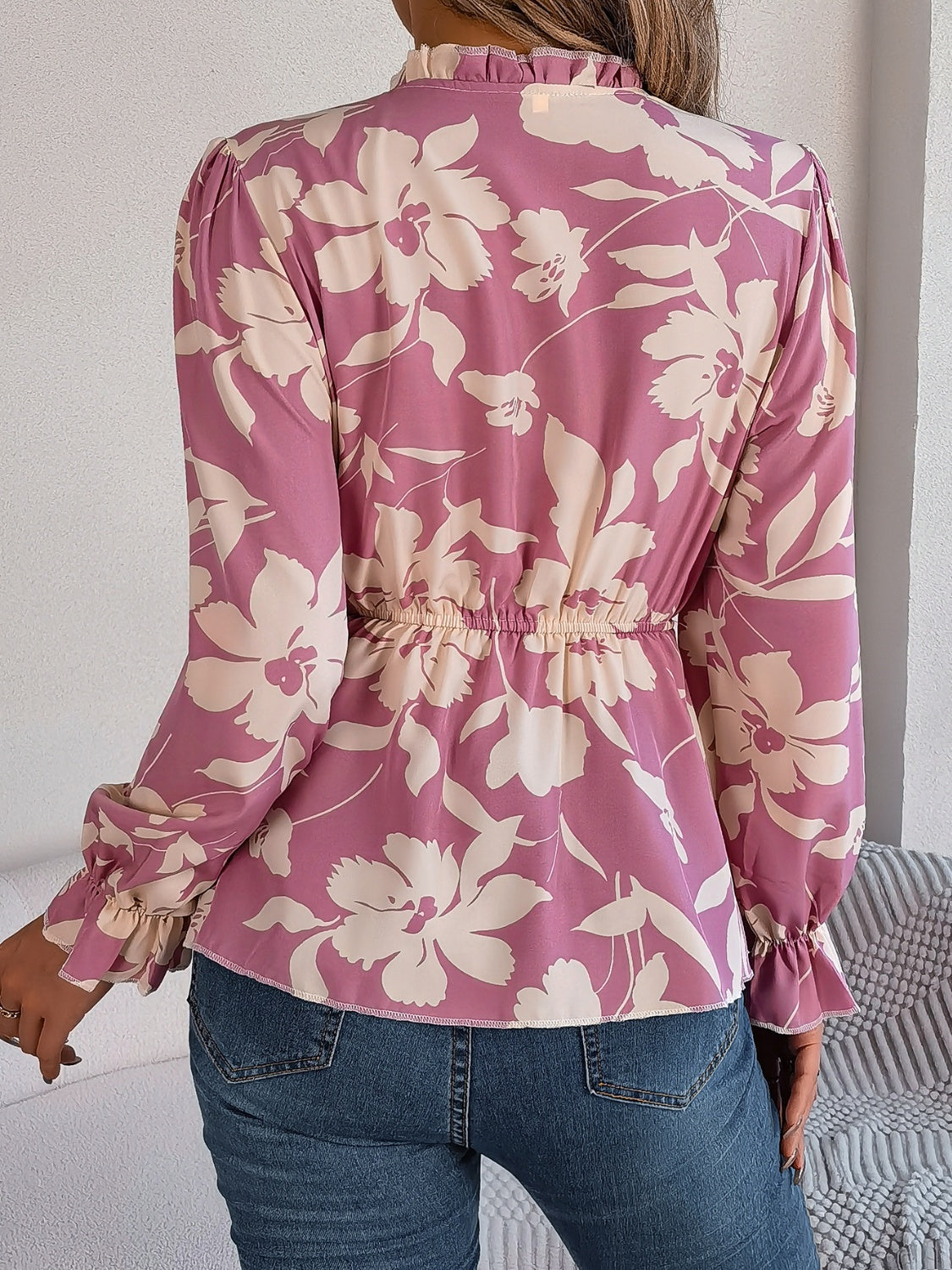 Printed Tie Neck Flounce Sleeve Blouse - The Boutie Shop