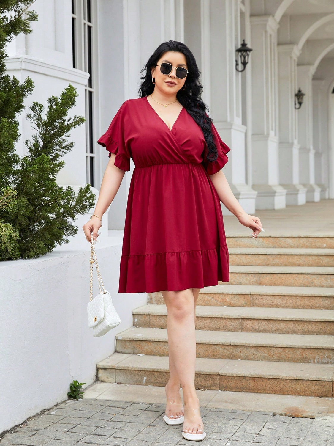 Plus Size Ruched Surplice Flounce Sleeve Mini Dress - The Boutie Shop