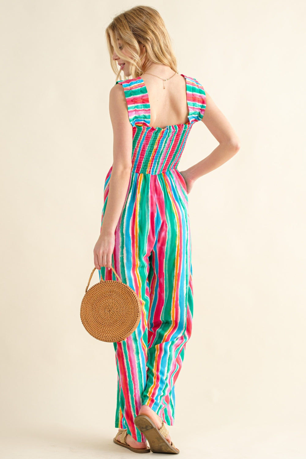 And The Why Full Size Striped Smocked Sleeveless Jumpsuit - The Boutie Shop