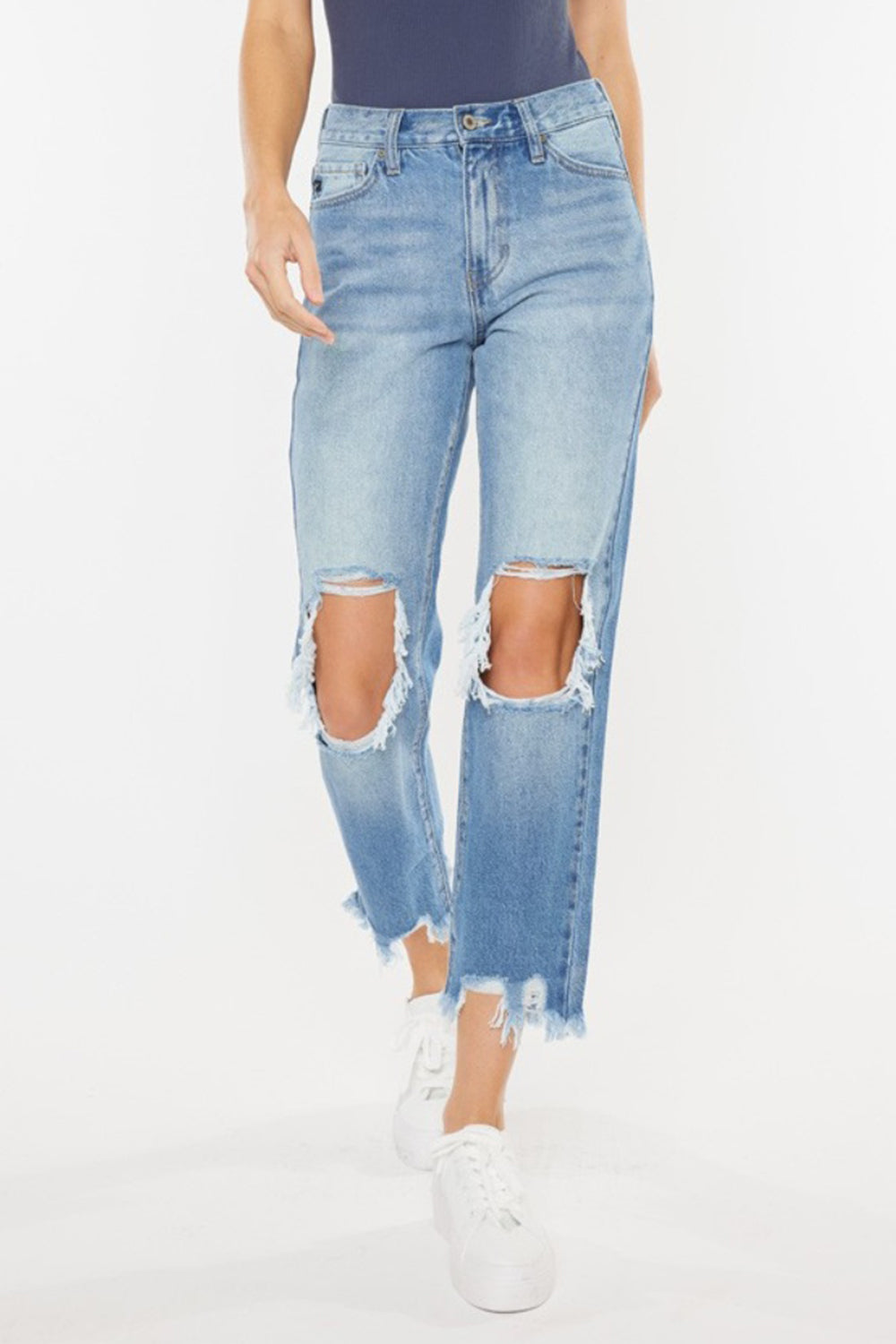 Kancan High Waist Chewed Up Straight Mom Jeans - The Boutie Shop