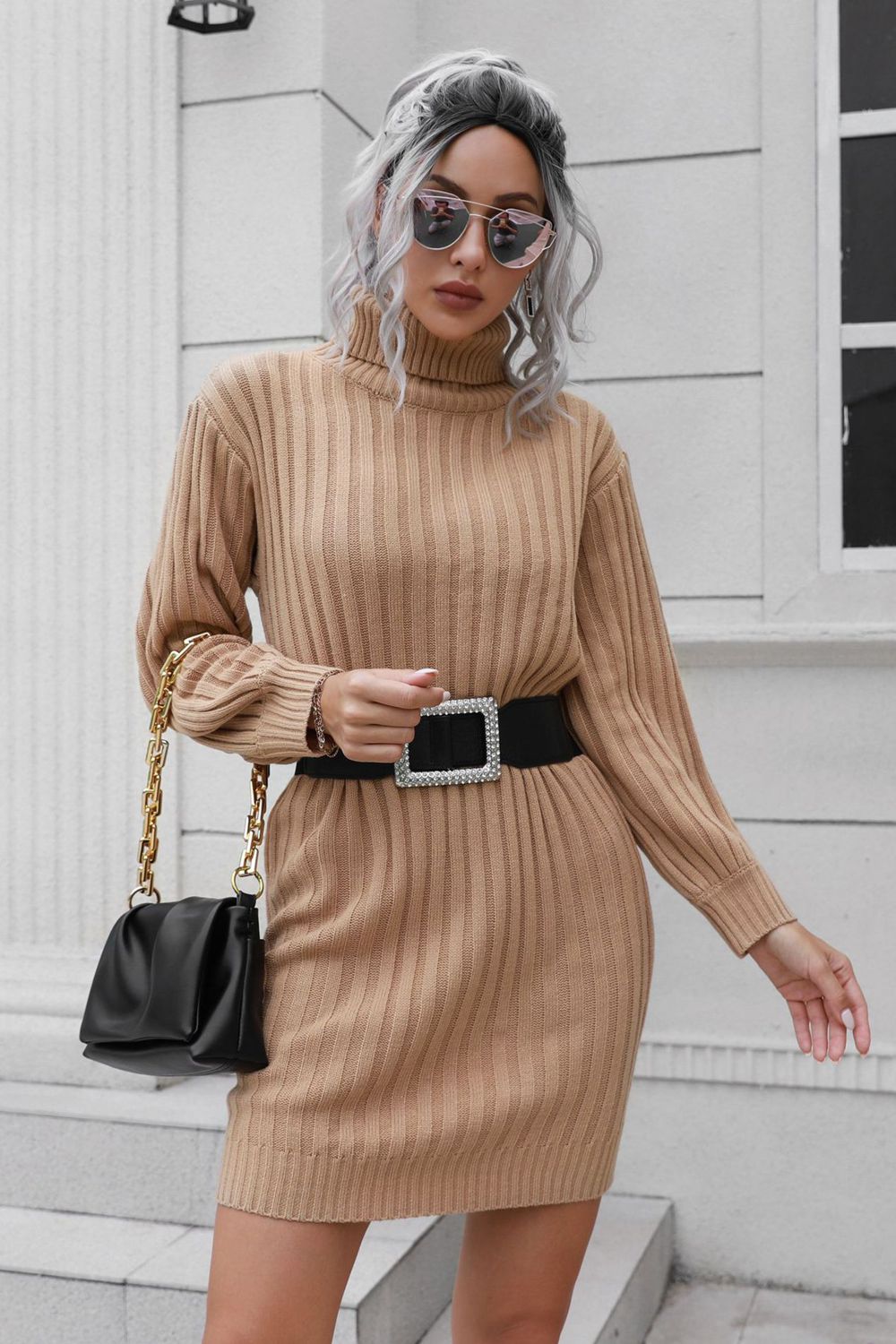 Ribbed Turtle Neck Long Sleeve Mini Sweater Dress - The Boutie Shop