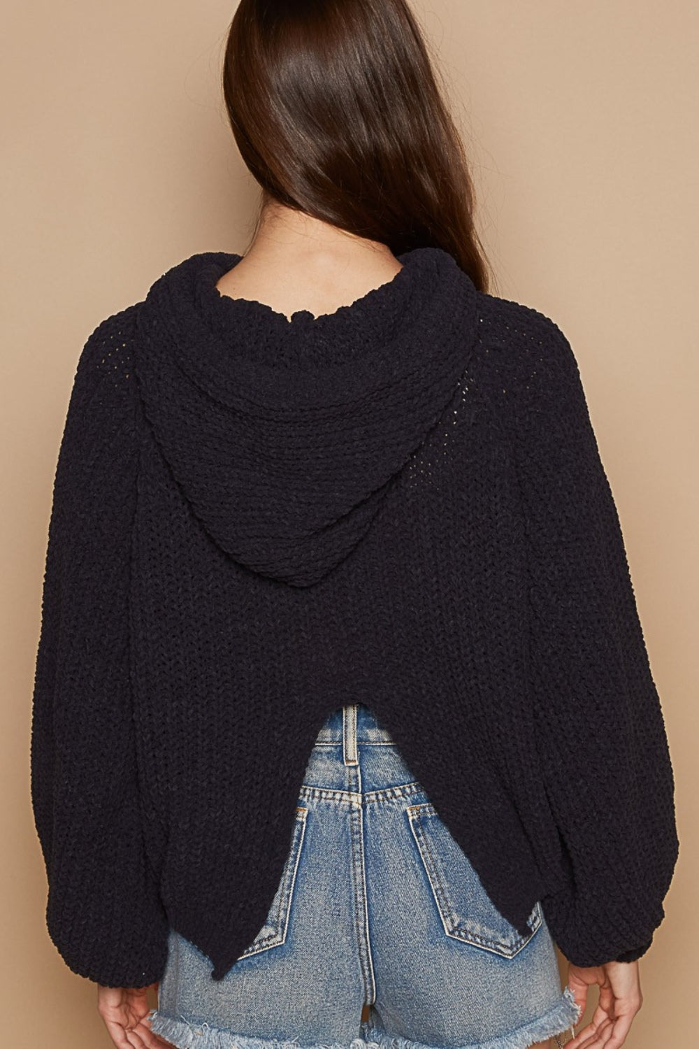 POL Back Open Slit Balloon Sleeve Crop Hooded Sweater - The Boutie Shop