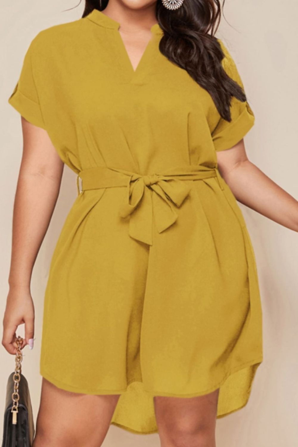 Plus Size Notched Tie Waist Mini Dress - The Boutie Shop