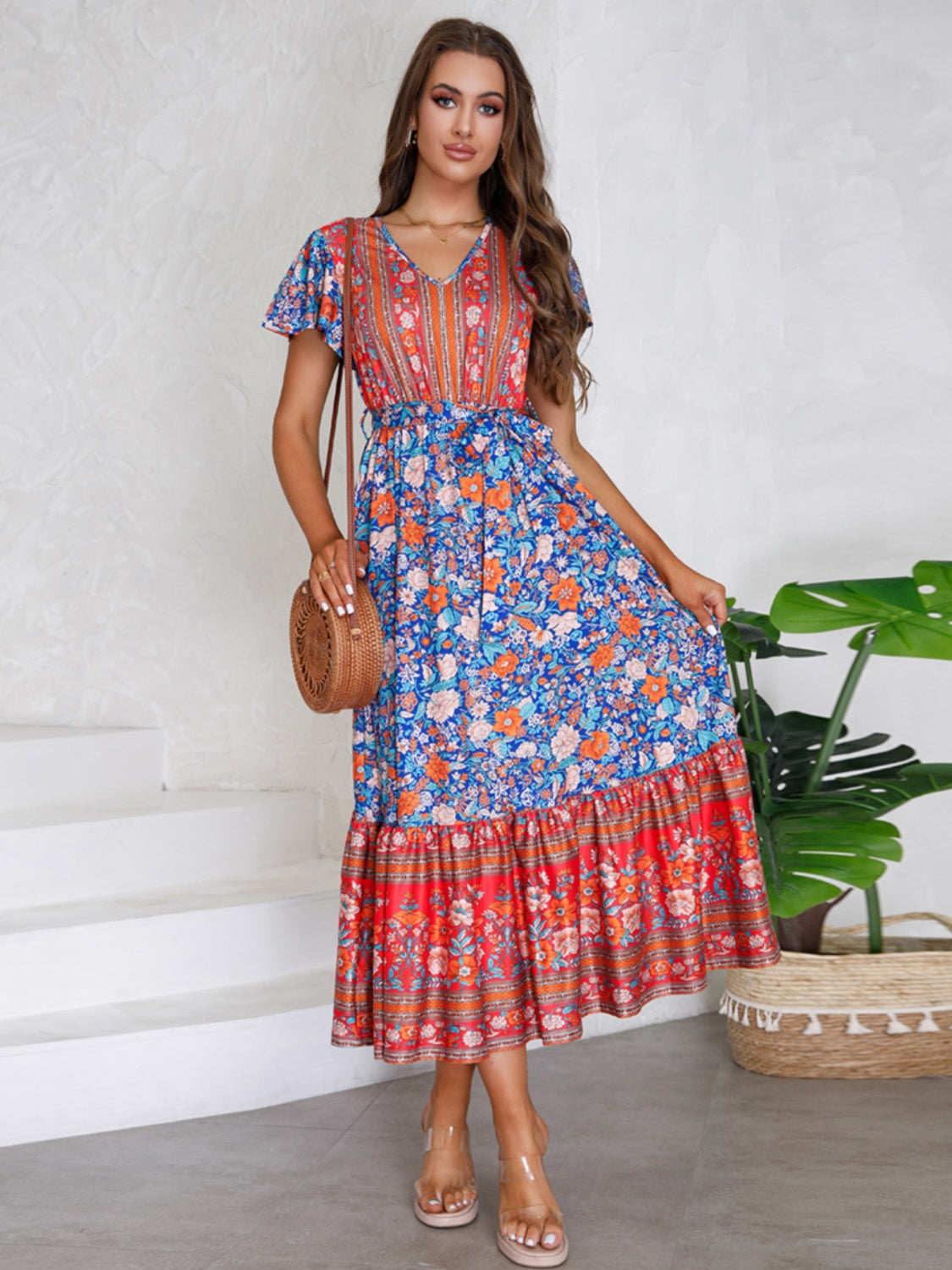 Tied Printed V-Neck Short Sleeve Dress - The Boutie Shop