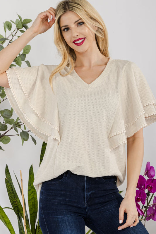 Celeste Full Size V-Neck Lace Trim Flutter Sleeve Top - The Boutie Shop