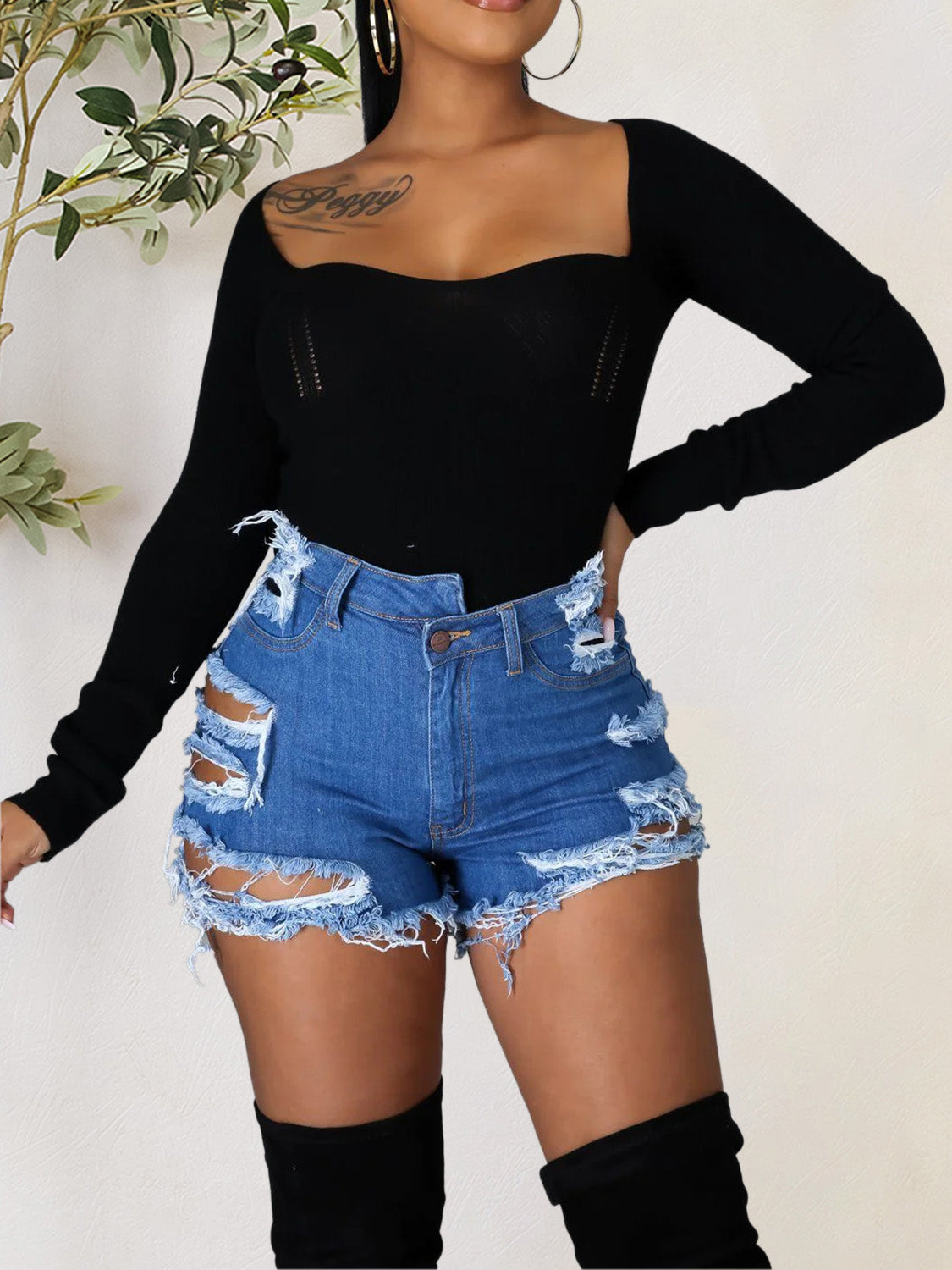 Distressed Raw Hem Denim Shorts with Pockets - The Boutie Shop