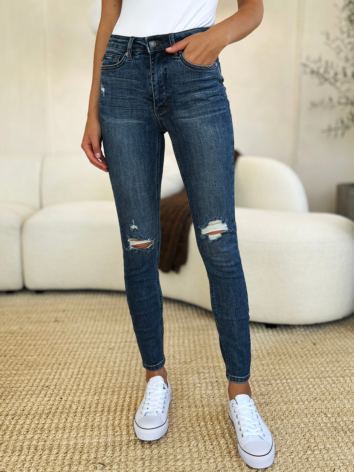 Judy Blue Full Size Mid Waist Distressed Slim Jeans - The Boutie Shop