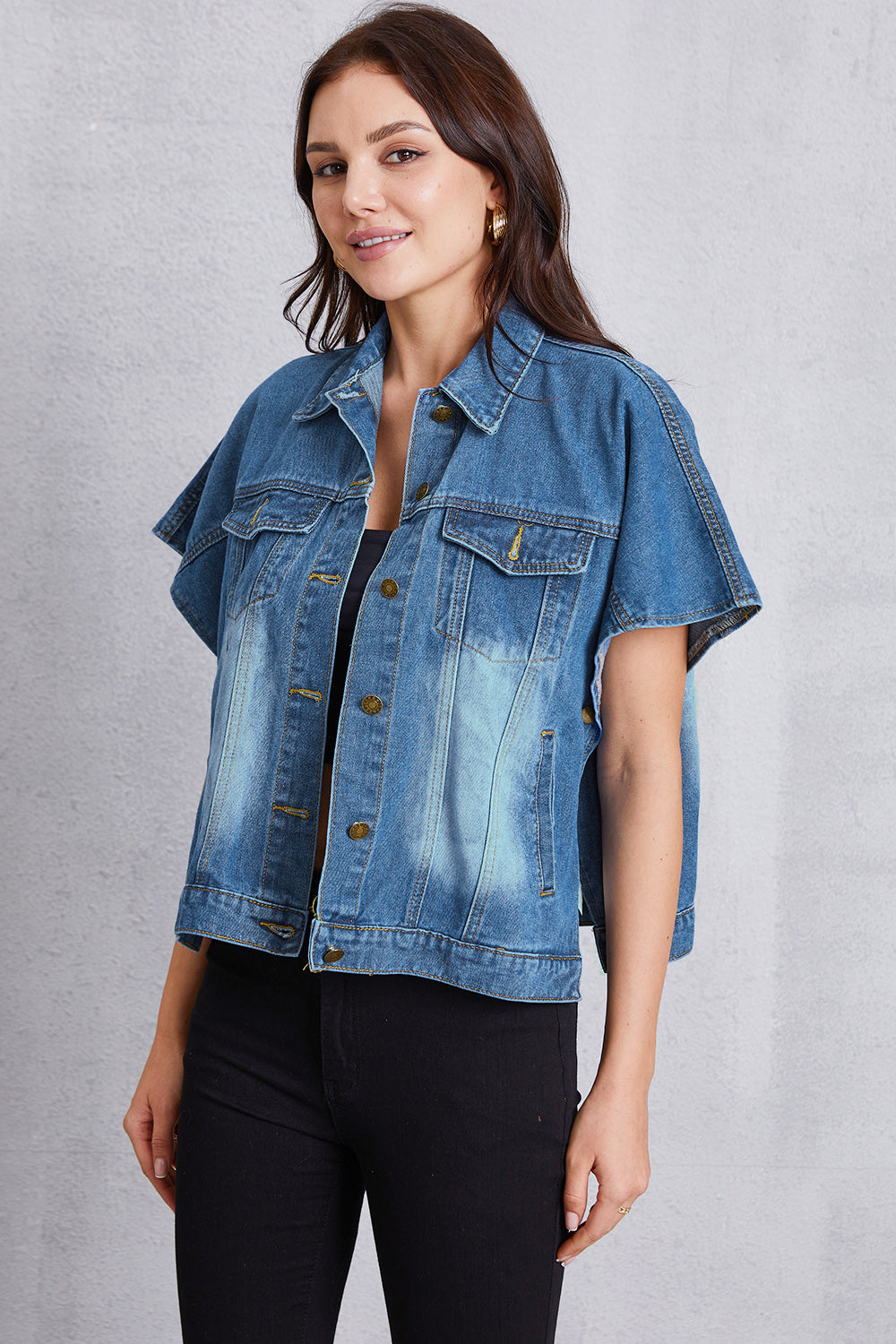 Pocketed Button Up Short Sleeve Denim Top - The Boutie Shop