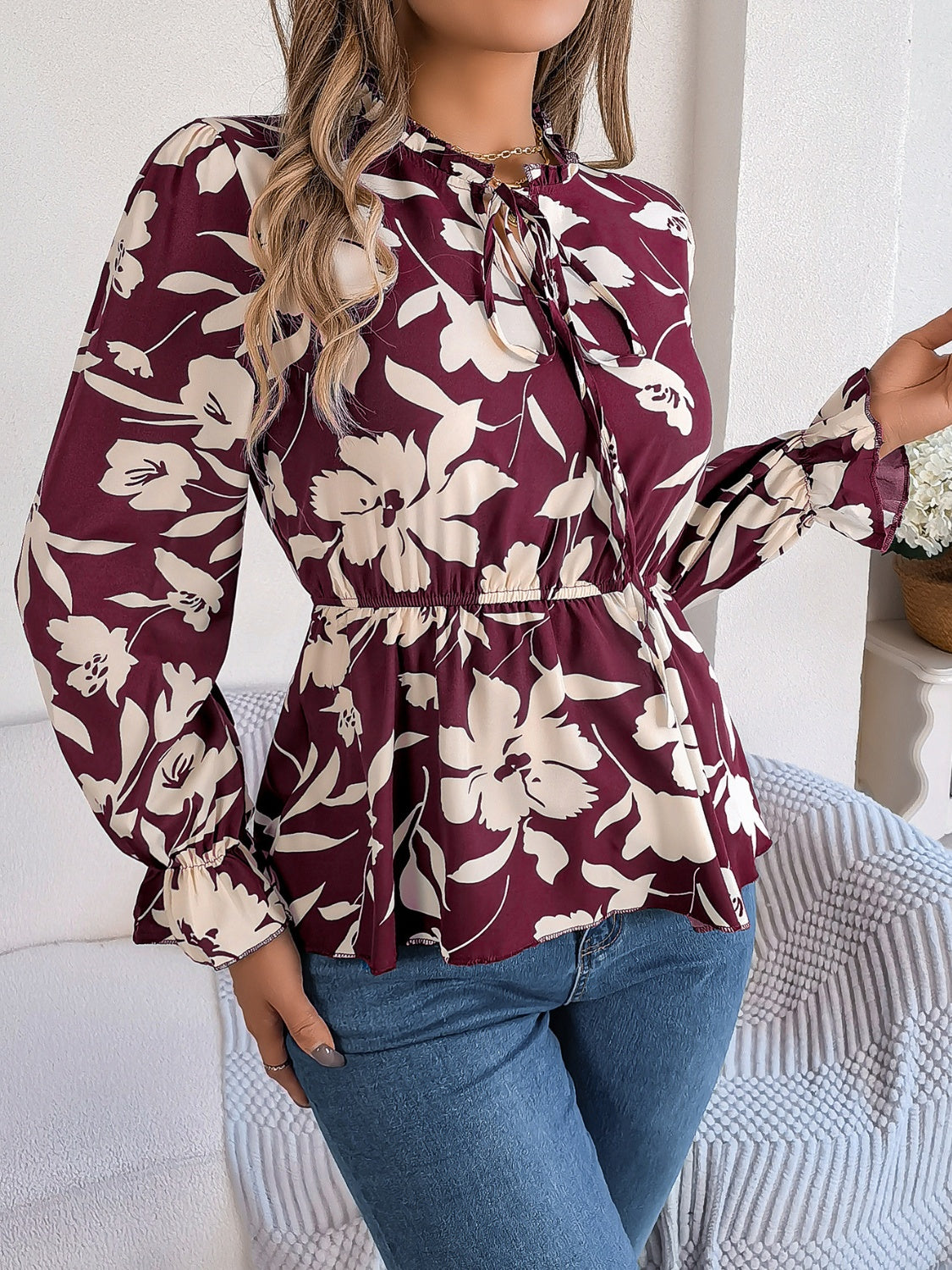 Printed Tie Neck Flounce Sleeve Blouse - The Boutie Shop