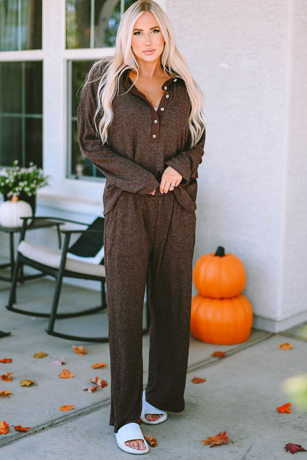 Buttoned Long Sleeve Top and Long Pants Lounge Set - The Boutie Shop