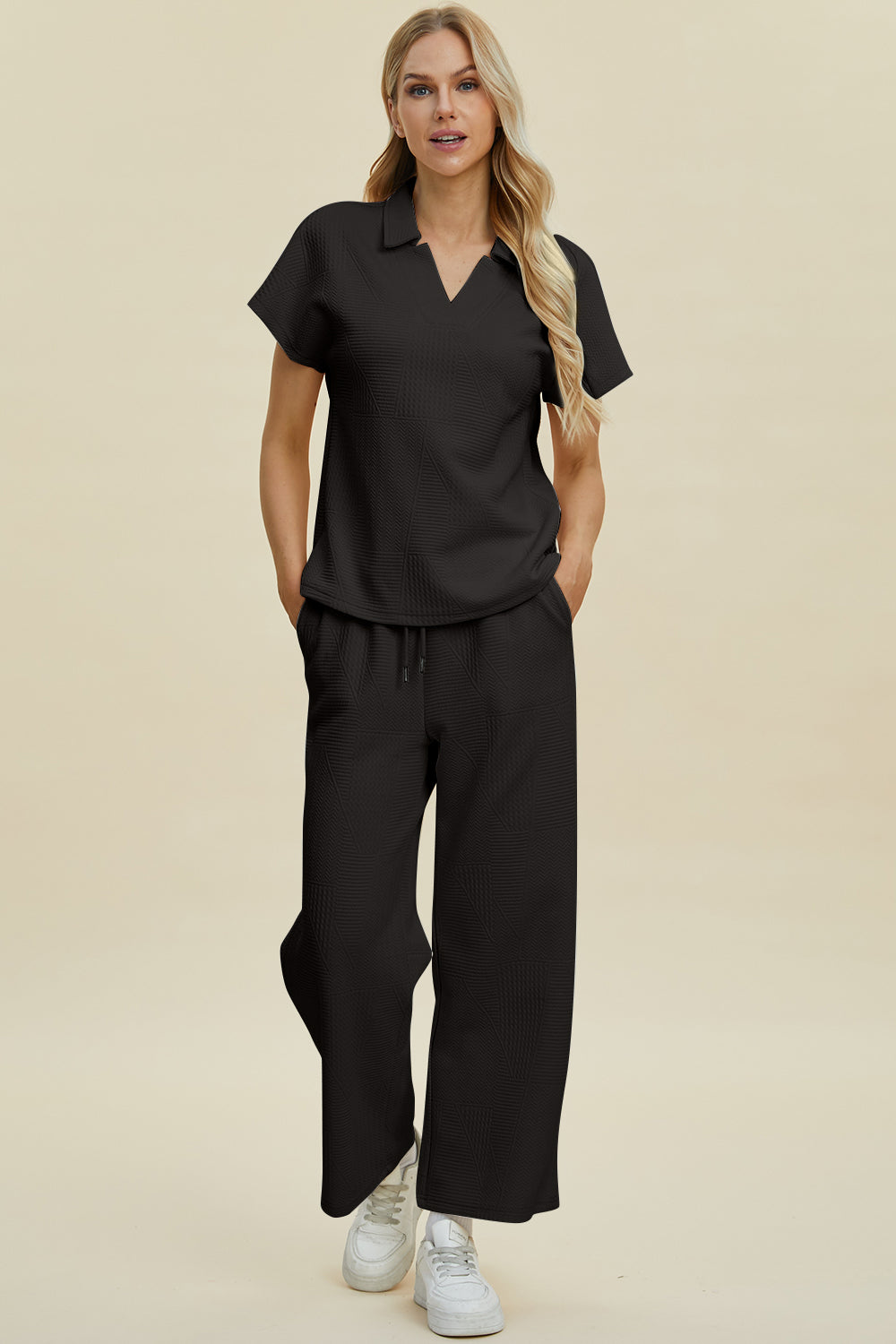 Double Take Full Size Collared Neck Short Sleeve Top and Pants Set - The Boutie Shop