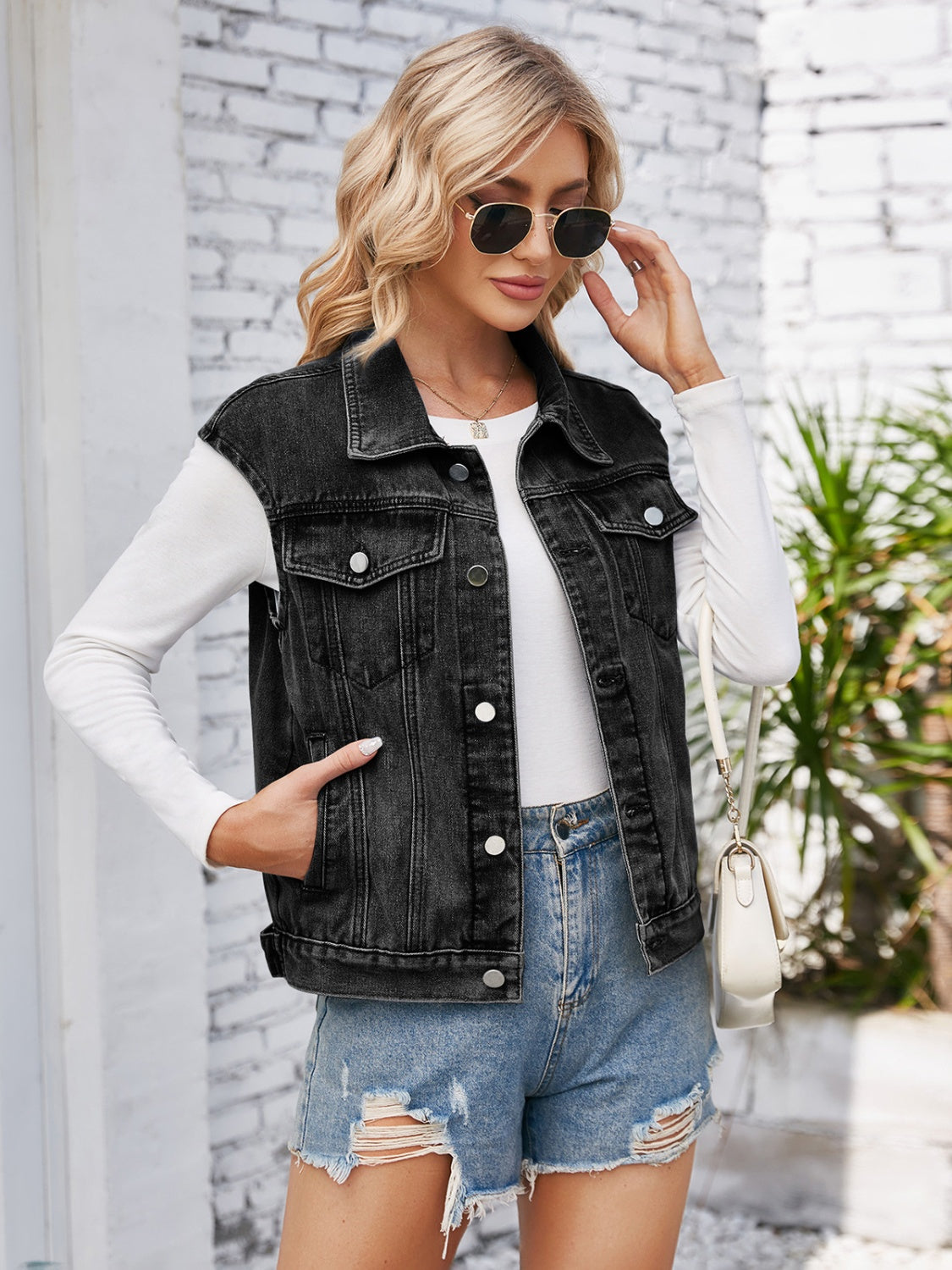 Button Up Cap Sleeve Denim Jacket - The Boutie Shop