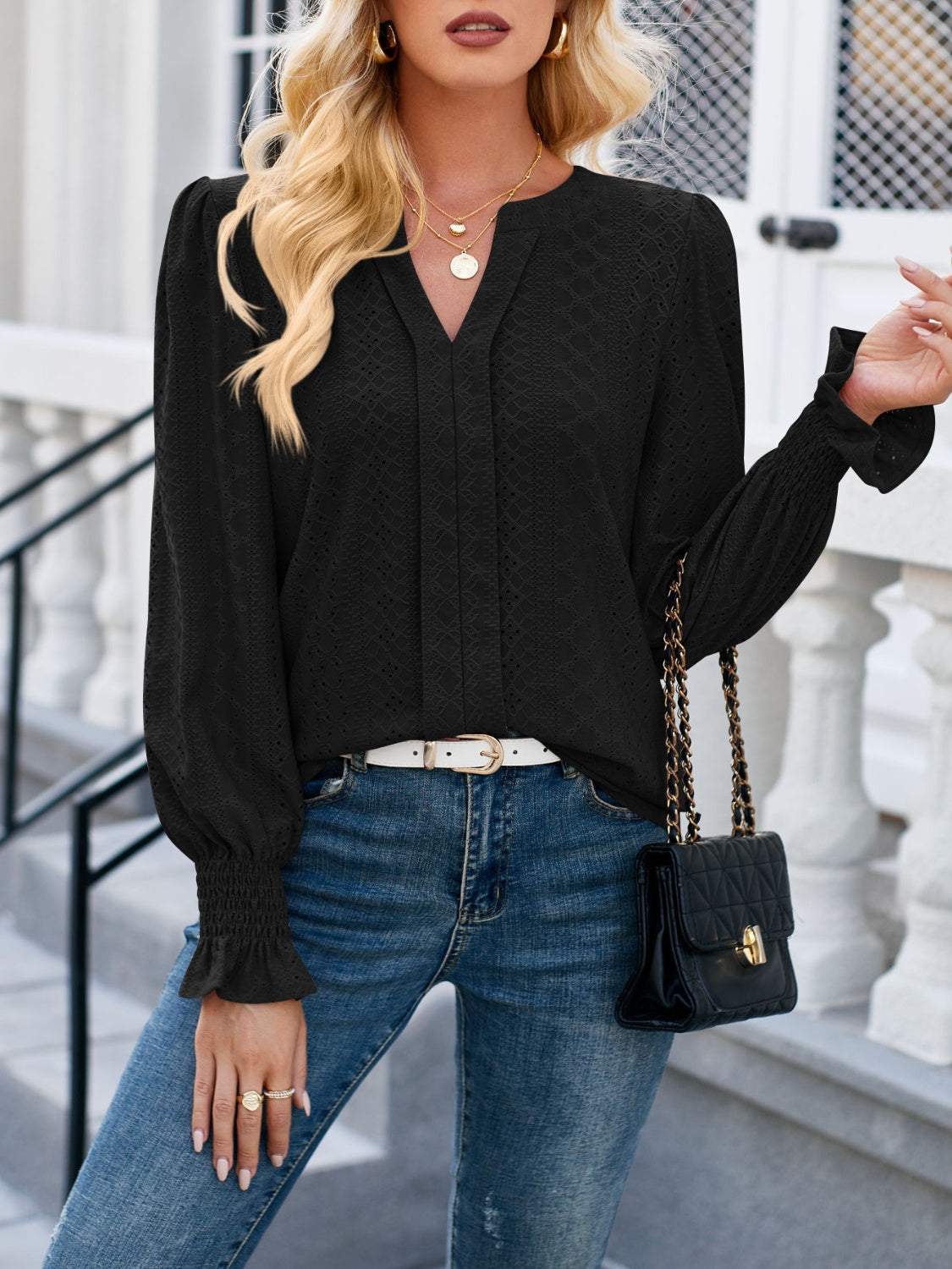 Lovelet Eyelet Notched Flounce Sleeve Blouse - The Boutie Shop