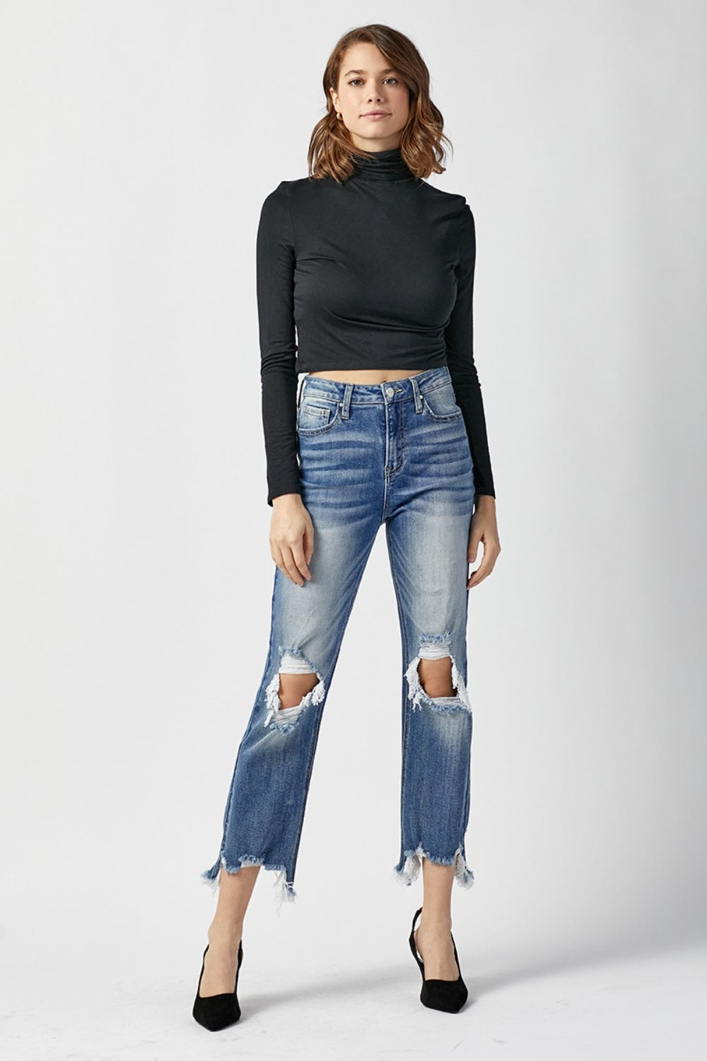 RISEN High Waist Distressed Frayed Hem Cropped Straight Jeans - The Boutie Shop