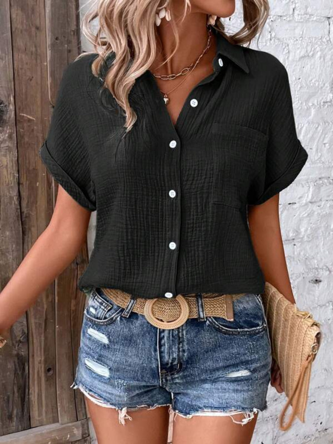 Lovelet Textured Button Up Short Sleeve Shirt - The Boutie Shop