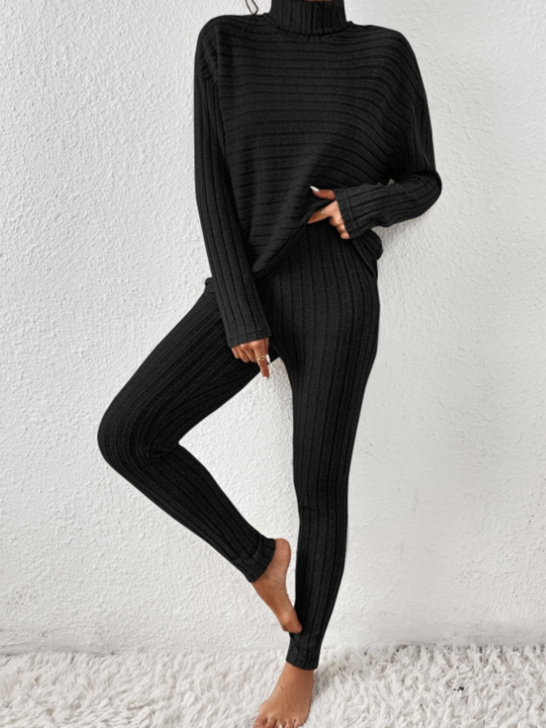 Ribbed Turtleneck Top and Pants Set - The Boutie Shop