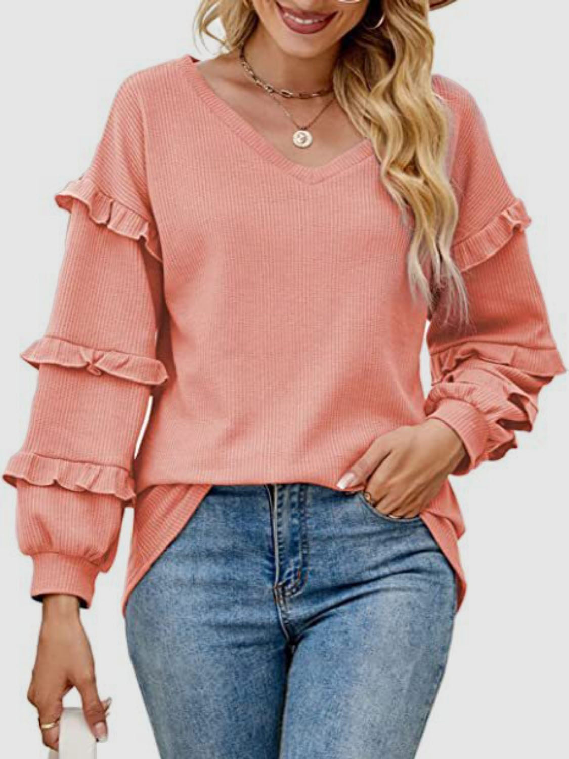 Ruffled V-Neck Long Sleeve T-Shirt - The Boutie Shop