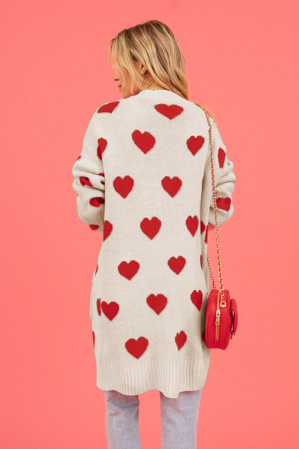 Heart Graphic Open Front Cardigan with Pockets - The Boutie Shop