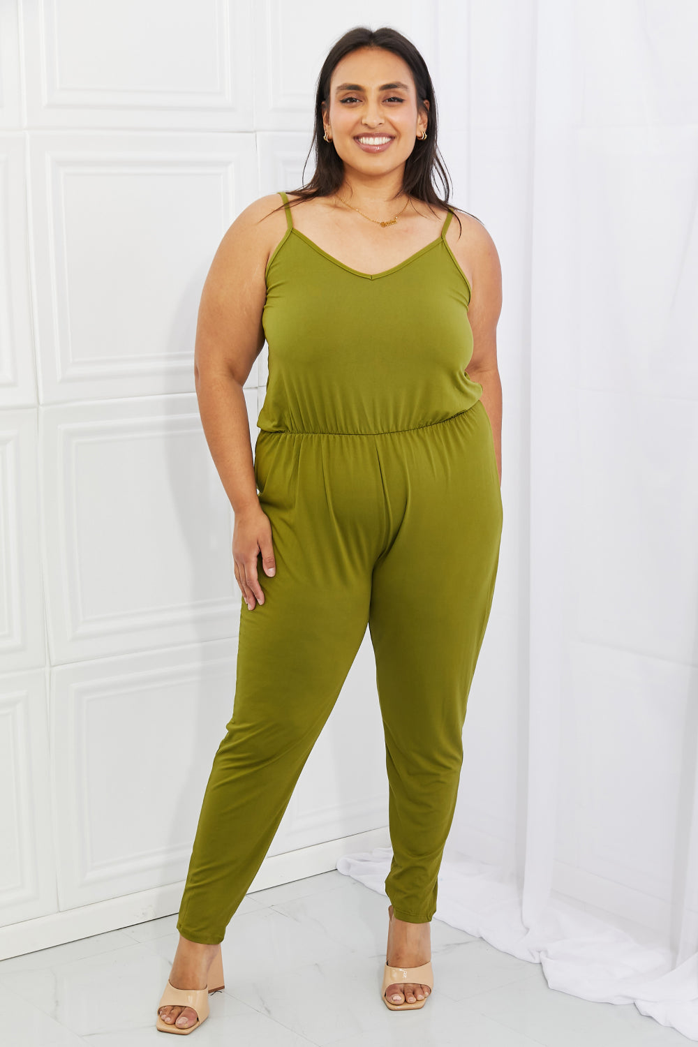 Capella Comfy Casual Full Size Solid Elastic Waistband Jumpsuit in Chartreuse - The Boutie Shop