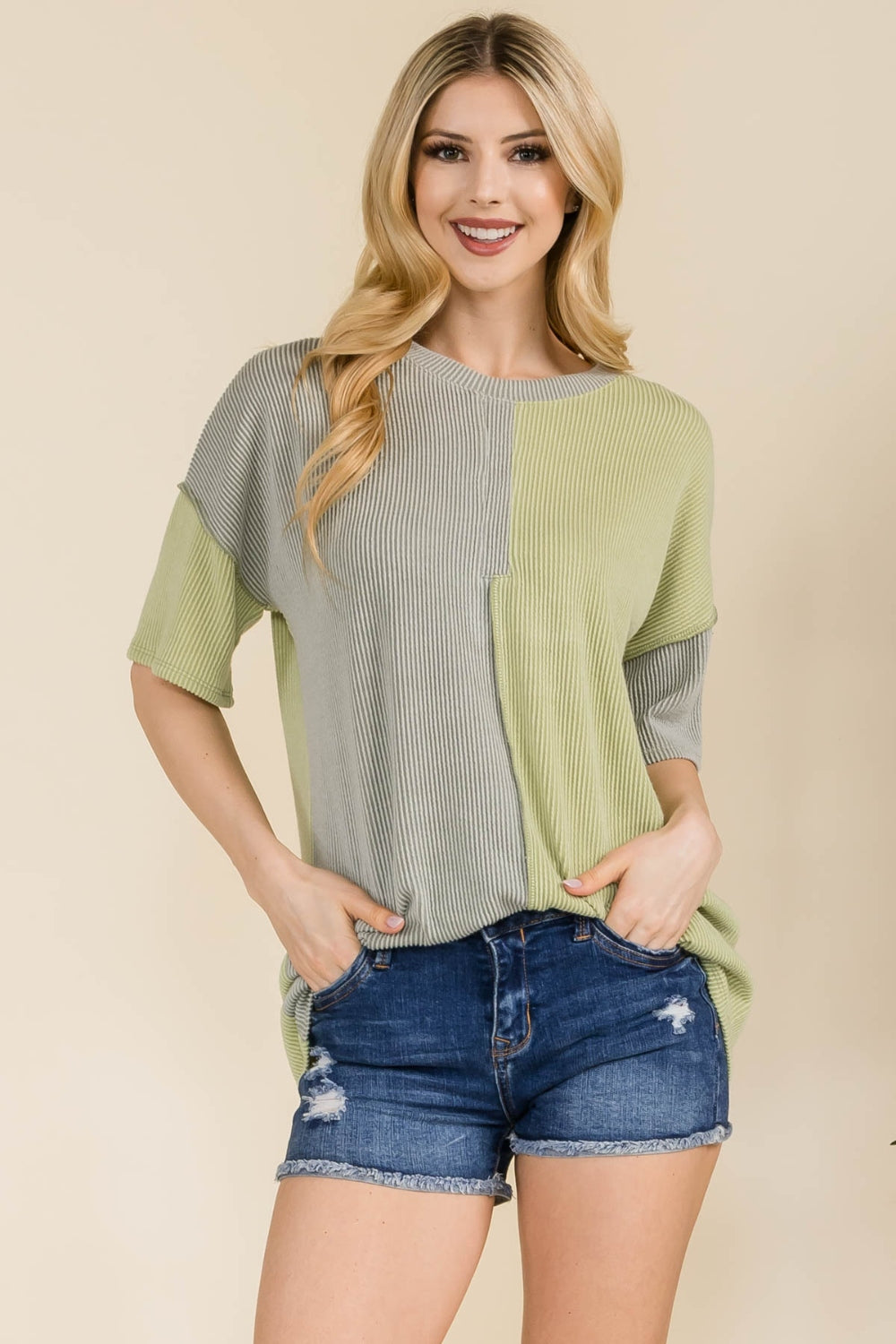 Celeste Full Size Ribbed Color Block Short Sleeve T-Shirt - The Boutie Shop